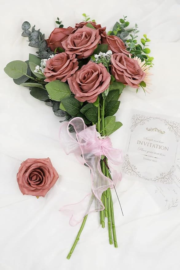 Artificial Rose Flower Dusty Rose Flowers Silk Flowers 12 pcs with Long Stem Silk Roses Bouquet for Wedding Bridal Shower Party Home Decoration