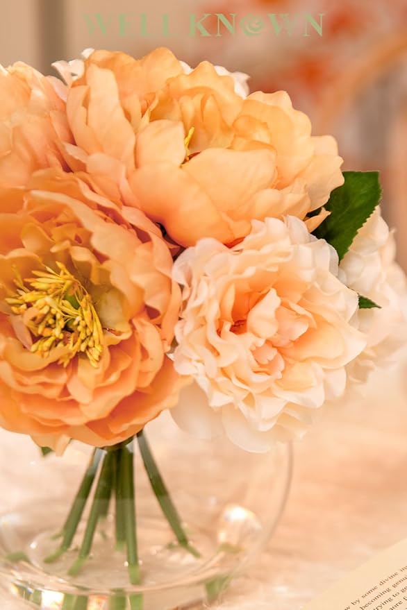 Artificial Flowers in Vase, Silk Peonies Flower Bouquet for Vase with Faux Water, Fake Flower Arrangement for Winter Wedding Party Dinning Coffee Table Centerpieces & Mom's Gift (Apricot & Nude)