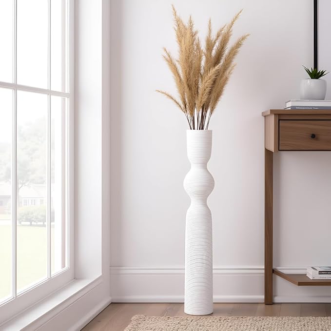 White Vases, 23.62'' Tall Floor Vase with 13.5'' Mouth & 4.3'' Base, Ideal for Dried Pampas Grass & Home Decor, Modern Floor Vase for Living Room/Entryway