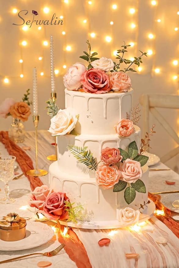 Serwalin Artificial Flowers Pink Wedding Cake Flowers, Fake Dusty Roses Peonies for Bouquets Table Centerpieces Wedding Home Decor, Baby Shower Party Flowers with Stems DIY Combo