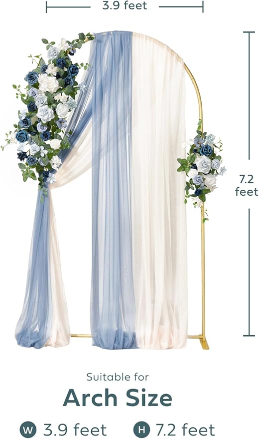 Ling's moment Wedding Arch Backdrop Stand with Flowers - 7.2FT Metal Arch Frame with Drapes for Ceremony Decor - Artificial Floral for Birthday Party, Bridal Shower, Spring Outdoor, Dusty Blue Navy