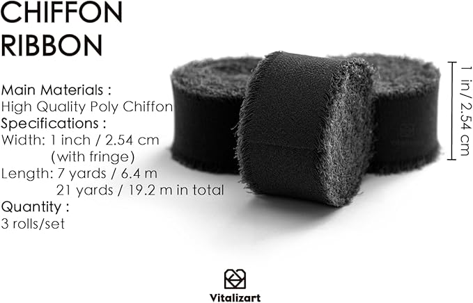 Vitalizart Black Chiffon Silk Ribbon 1" x 21 Yd Fringe Fabric Package (3 Rolls * 7 Yd) for Wedding Invitations Bridal Bouquets Decorations Gifts Wrapping & Bow Making