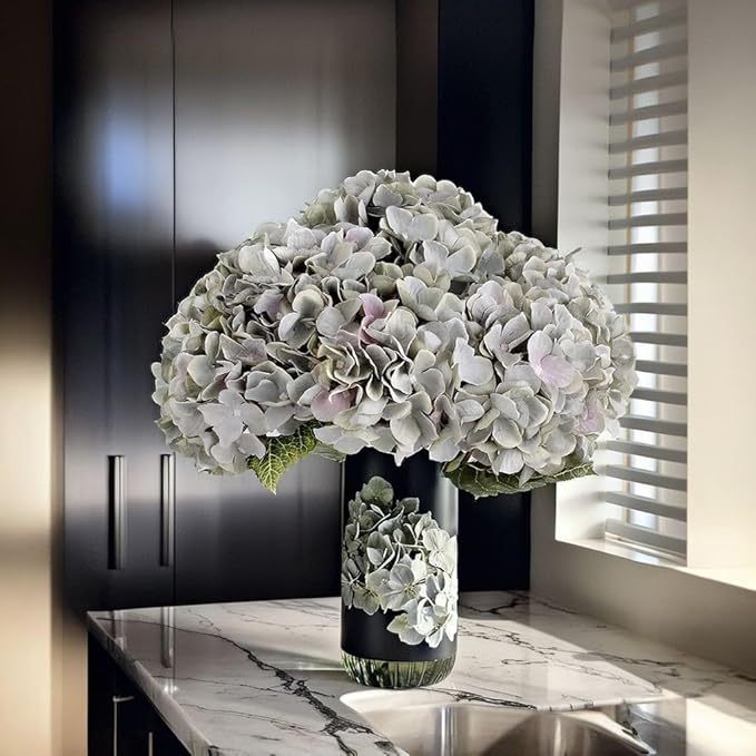 2Bouquets Artificial Fake Flowers Plants Silk Hydrangea Arrangements Wedding Bouquets Decorations Plastic Floral Home Kitchen Garden Party Festival Bar DIY (Gray Green,5 Flower Heads)