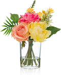 WELL KNOWN Artificial Flowers in Glass Vase, Silk Rose Peony Flower Bouquet for Home Dinning Tea Table, Office Desktop, Hotel, Wedding, Party, Lavatory Decor & Gift (Hot Pink, Coral & Yellow)
