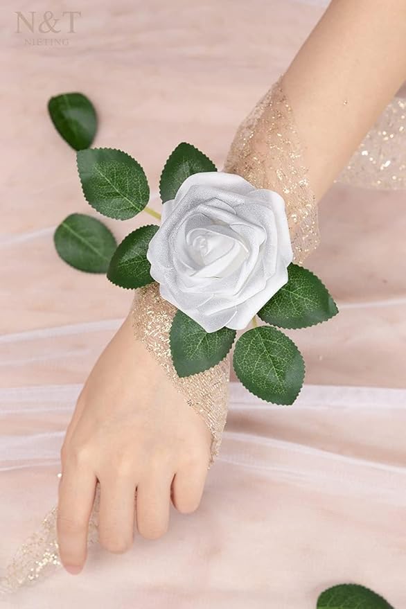 N&T NIETING Artificial Flowers, 50pcs Fake Flowers Roses with Stem for DIY Wedding Bouquets Centerpieces Bridal Shower Party Home Decoration, Silver White