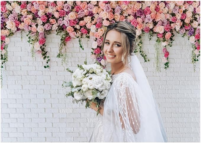 LTLYH 5x3ft White Brick Wall Floral Backdrop with Hanging Flowers – Spring Garden Photo Backdrop for Bridal Shower, Baby Shower, Birthday Party, Wedding Photography Decoration 134