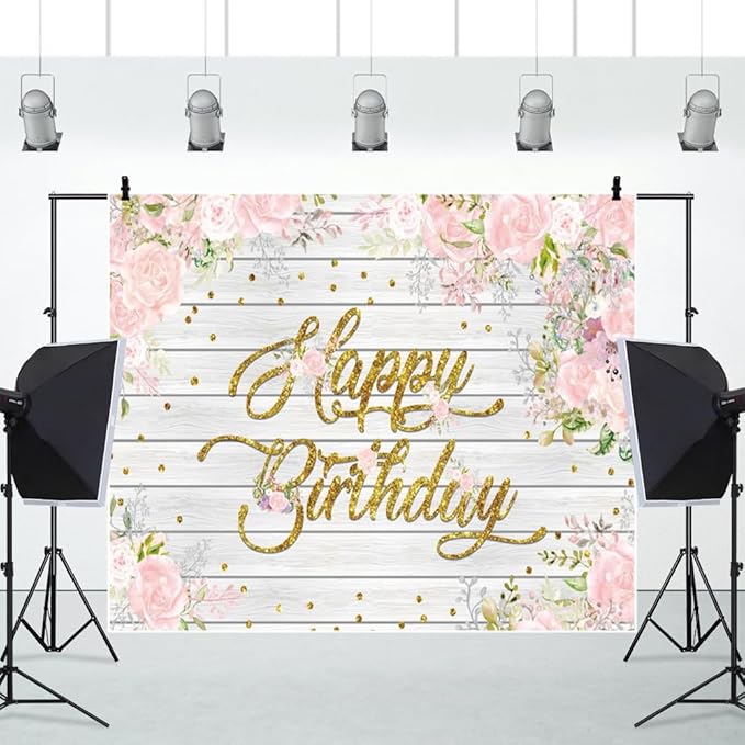 Rustic Wood Flower Happy Birthday Backdrops, 10x8ft, Pink Floral Birthday Photography Backgrounds Sign Banner Party Decorations for Girl Women