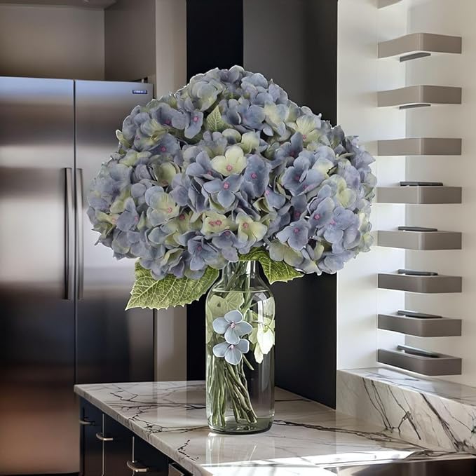 2Bouquets Artificial Fake Flowers Plants Silk Hydrangea Arrangements Wedding Bouquets Decorations Plastic Floral Home Kitchen Garden Party Festival Bar DIY (Bluish Green)