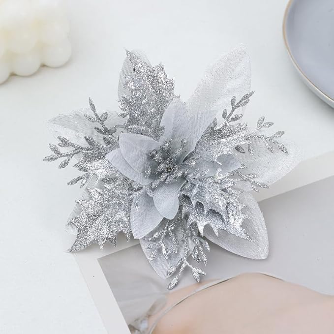 24 PCS Poinsettia Flower Artificial Silver Christmas Flowers Artificial 5.5'' Glitter Poinsettias Artificial Christmas Tree Flower with Clips DIY Xmas Wreath Holiday New Year Home Party Decor