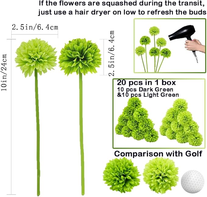 20Pcs Artificial Fake Flower Plants Silk Chrysanthemum Ball Hydrangea Arrangements Wedding Bouquets Decor Home Kitchen Garden Party Table Floral Centerpieces DIY (Dark Green&Green)