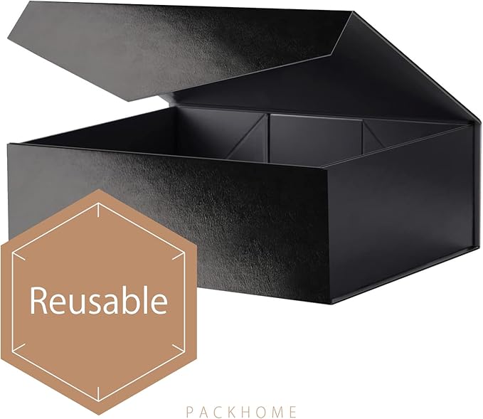 PACKHOME 6 Large Gift Boxes with Lids 13.5x9x4.1 Inches, Sturdy Collapsible Gift Boxes with Magnetic Closure (Glossy Black, Grass Texture)
