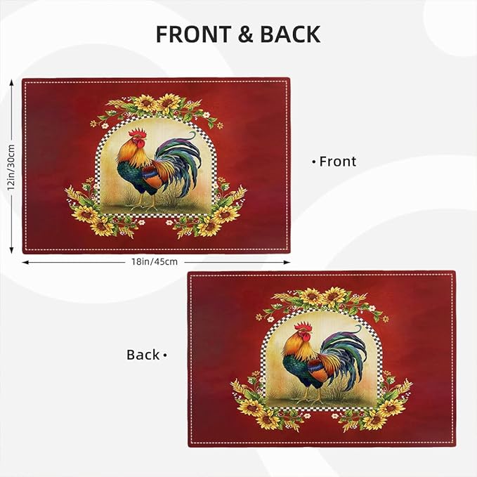 Rooster Sunflower Placemats Set of 4, Farmhouse Country Farm Chicken Animal Red Double-Sided Table Mats for Kitchen Dining Room Home Party Indoor Decor 4 PCS 12x18 Inch