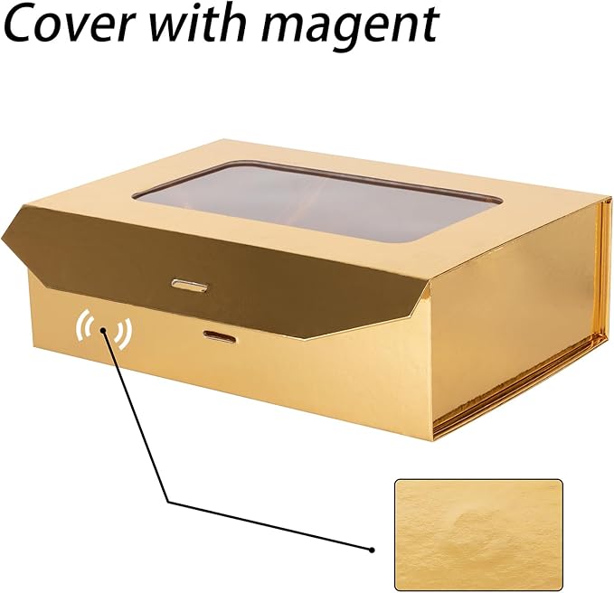 Gold Gift Box for Presents with Ribbon 10.8x7.5x3.5 Inches Clear Gift Box with Window Magnetic Closure Gift Boxes with Lids