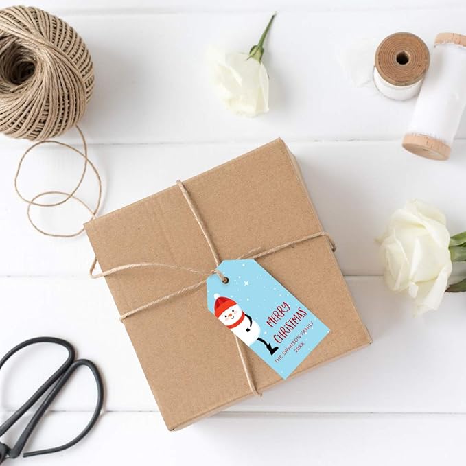Andaz Press Personalized Christmas Holiday Season Classic Gift Tags, Merry Christmas Custom Family Name and Year, Snowman with Stars Design, for Holiday Events, Parties, and Favors, 60-Pack