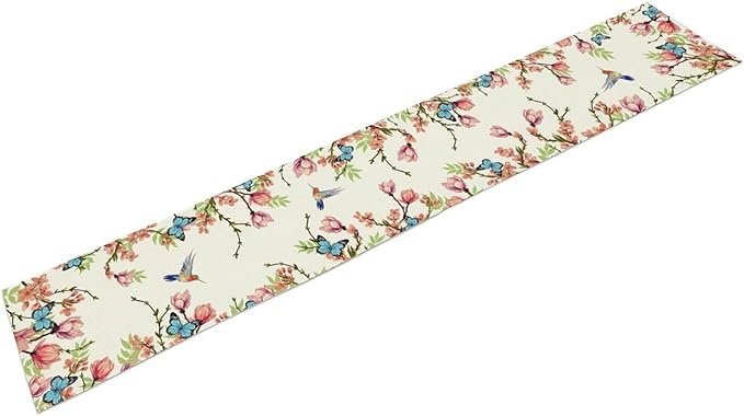 Floral Butterfly Table Runner Seasonal Spring Flower Bird Table Decoration Table Runner for Home Party Decoration 13x60 Inch