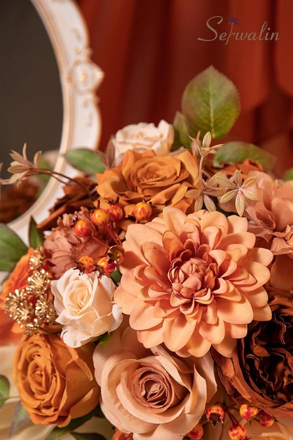 Serwalin Orange Artificial Fall Flowers Combo Box Set Mix Dahlia Flowers for DIY Table Centerpieces Arrangements Home Decorations Wedding Bouquets Decorations