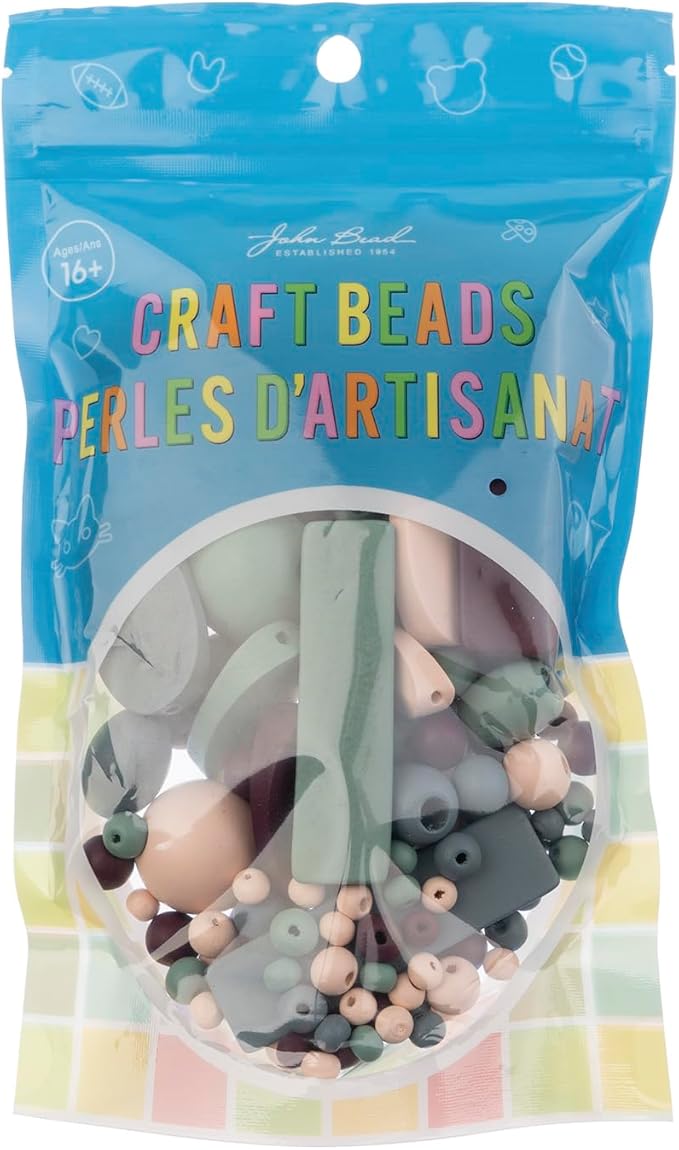 John Bead 90g Craft Beads Grey/Dark Purple/Natural/Green Wood Beads with Elastic Nylon Cord