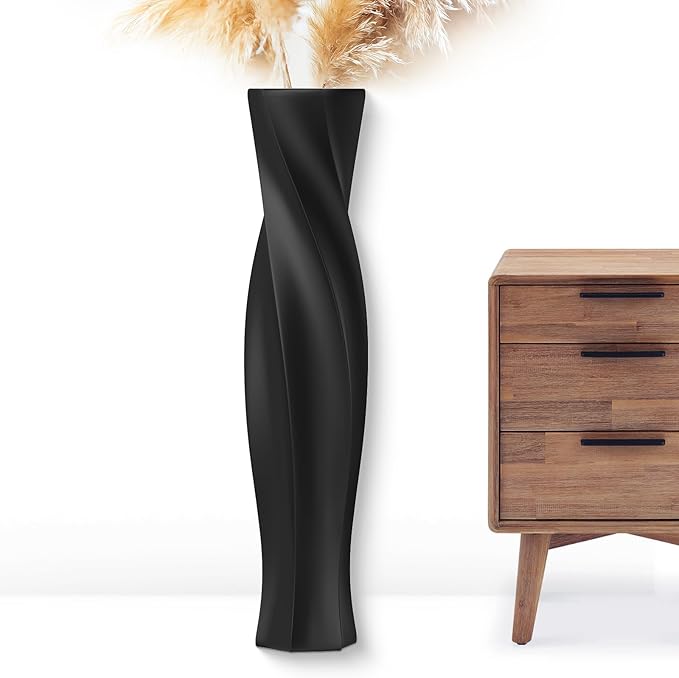 Tall Vases - 23.6" Tall Floor Vase for Home Decor, Resin Floor Vases, Black Hexagon Twist Floor Vase, Fits Into Hay/Pampas Grass, Living Room, Office, Wedding Decor (Black)