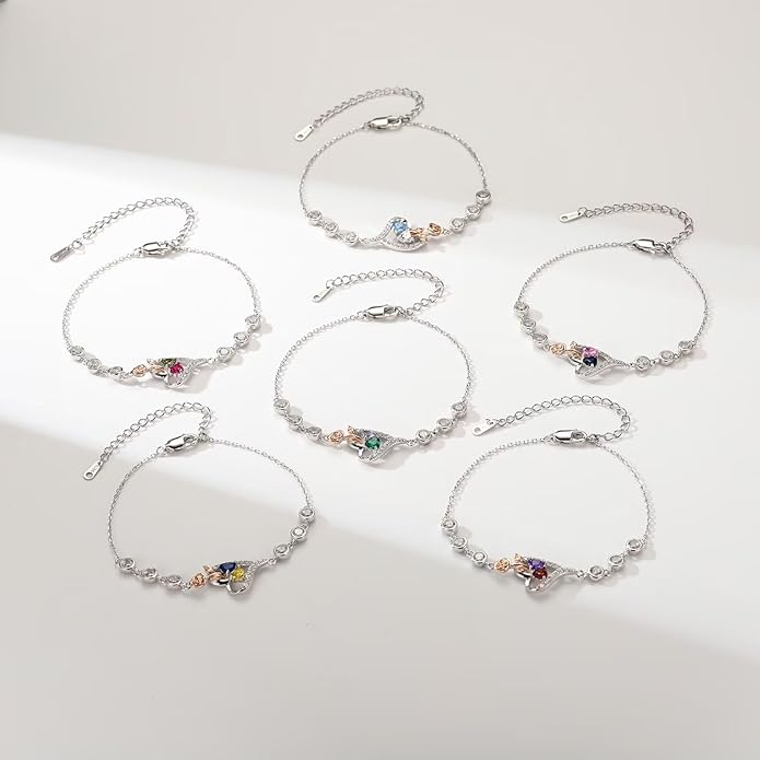 Iefil Christmas Gifts for Women - Birthstone Bracelet for Women, 925 Sterling Silver Rose Heart Charm Bracelets, Anniversary Birthday Gifts for Women Wife Mom Daughter, 6"+2"