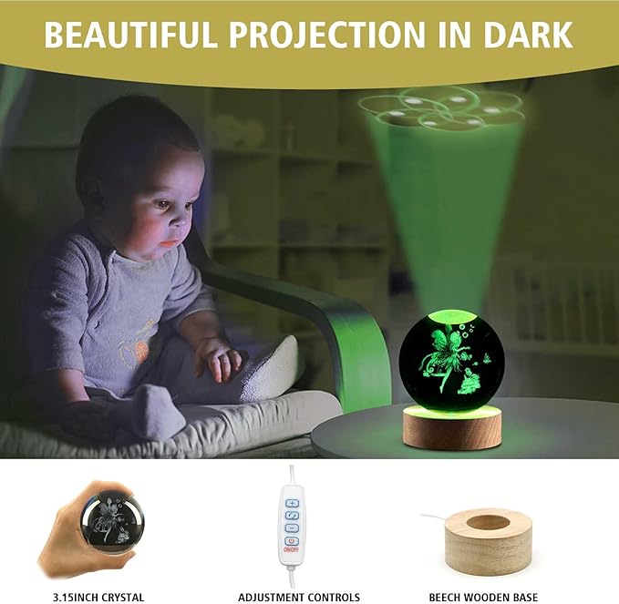 Fairy Gifts for Women Girls, 3.15in 3D Figurine Crystal Ball Lamp with Remote Control, Fairy Decor for Bedroom, Birthday Christmas for Girls Women Lovers
