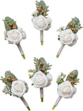 Meldel White Boutonniere for Men Wedding,Set of 6,Groom and Groomsman Boutonniere for Wedding,Greenery Rose Corsage for Men Ceremony Anniversary Party Prom Homecoming