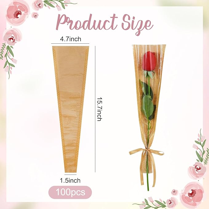 BEISHIDA 100 Pcs Single Rose Sleeve Bouquet Bags Kraft Paper Flower Bouquet Wrapping Paper Clear Single Flower Sleeve Rose Packaging For Mother's Day,Graduation,Wedding,Valentine's Day(15.7 X 4.7)