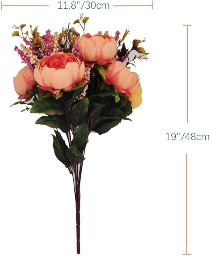 2pcs Artificial Peony Bouquets,19 Inch Silk Peony Bunch with 7 Faux Flowers,Classical Style Artificial Flowers with Leaves and Ornaments for Wedding,Home Décor Centerpieces(Orange)