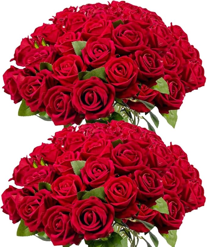 Artificial Roses 50 Pcs Velvet Silk Rose Real Touch Long Stem Fake Flowers in Bulk for Flower Arrangement Wedding Centerpieces Home Party Decor (Red)