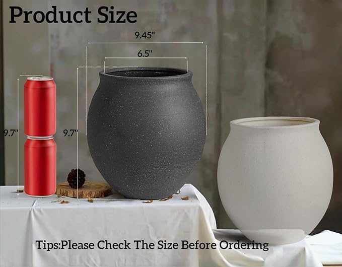 Large Black Ceramic Vase,Wide-mouthed Round Planter with Drainage Hole, 9.7 Inch Tall Minimalist Farmhouse Decor for Indoor Flowers, Plants, Table Centerpiece, Shelf, Floor,Living Room (Matte Black)