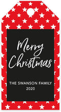 Andaz Press Personalized Christmas Holiday Season Classic Gift Tags, Merry Christmas Custom Family Name and Year, Red with White Stars Design, for Holiday Events, Parties, and Favors, 60-Pack