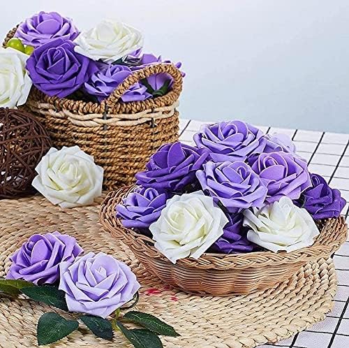 IPOPU Artificial Rose Flower Heads, 100 Pcs Real Looking Purple Foam Fake Roses for DIY Wedding Baby Shower Centerpieces Arrangements Party Tables Home Decorations (Purple 1, Stemless)