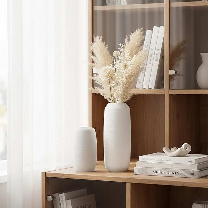 Vintage Ceramic Vase, Minimalist Texture Stone Patterned White Flower Vase, Decorative Vase for Living Room Shelf Farmhouse Dining Table Centerpiece Decor (White Texture - 2 Pack)