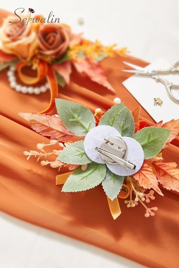 Serwalin Orange Corsage and Boutonniere Set 𝟮𝙥𝙘𝙨, 𝟲-𝟳 𝙄𝙣𝙘𝙝 Boutonniere and Wrist Corsage Wristband Prom Flower Wedding Flowers Accessories Prom Suit Decorations Cake Topper