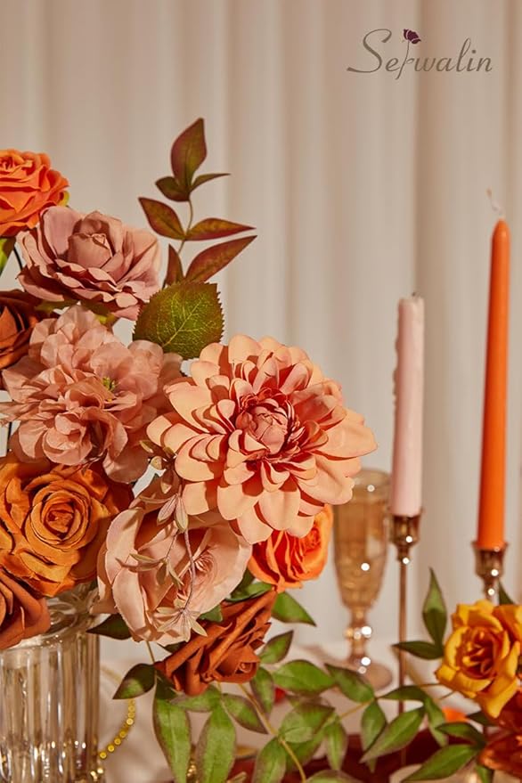 Serwalin Orange Artificial Fall Flowers Combo Box Set Mix Dahlia Flowers for DIY Table Centerpieces Arrangements Home Decorations Wedding Bouquets Decorations