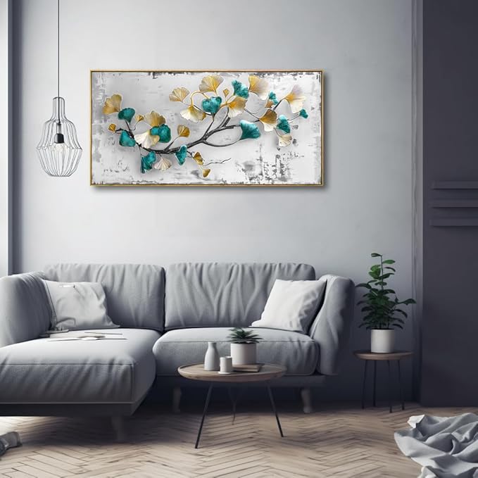 Wall Art Ginkgo Leaf Modern Botanical Artwork Canvas Painting for Living Room Bedroom Dining Room Home Office Decor 24"x48" with Framed
