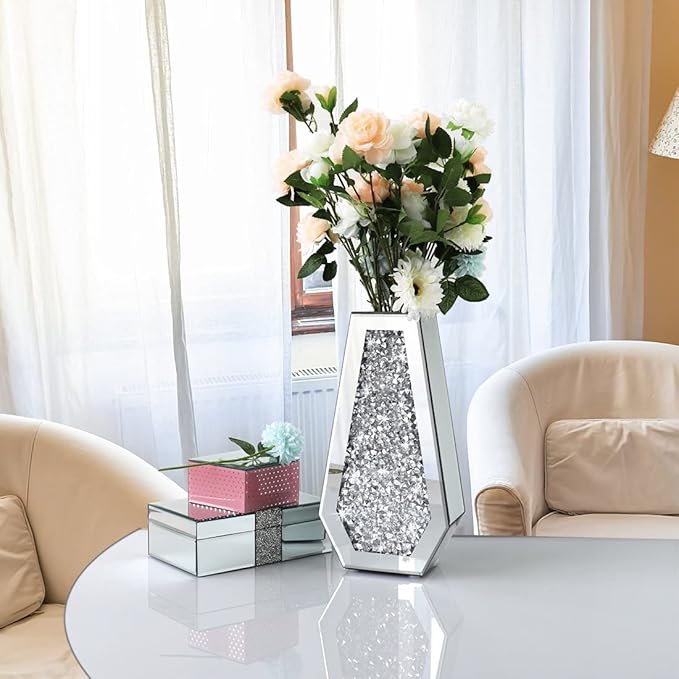 Flower Vase Crushed Diamond Mirrored Vase Crystal Silver Glass Decorative Mirror Vase Large Size Luxury for Home Decor. Diamond Shape Thickened. Can’t Hold Water.