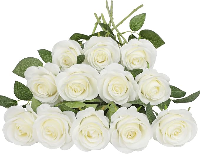 12pcs Roses Artificial Flowers Ivory Silk Roses with Long Stems Fake Flowers for Wedding Bouquet Centerpices Decorations Party Bridal Baby Shower Home Decor