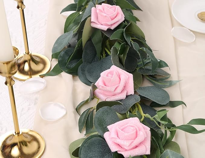IPOPU Artificial Roses,25pcs Pink Roses Artificial Flowers Glitter Flowers Foam Rose with Stem for DIY Wedding Bridal Bouquet Home Party Decoration(Pink)
