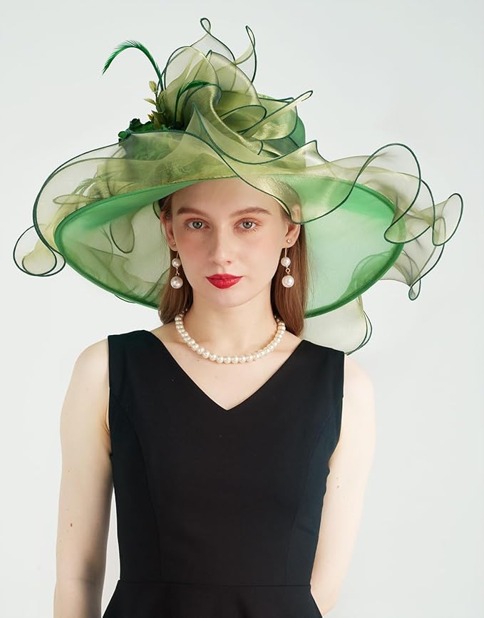 Organza Derby Hats for Women Wide Brim Fascinator Hat Rose Flower Wedding Tea Party Hat