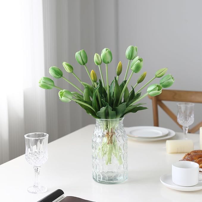 15 Pcs Green Artificial Flowers Tulips Real Touch Latex Plastic Soft Faux Bouquets for Party, Wedding, Home, Room, Garden Decor