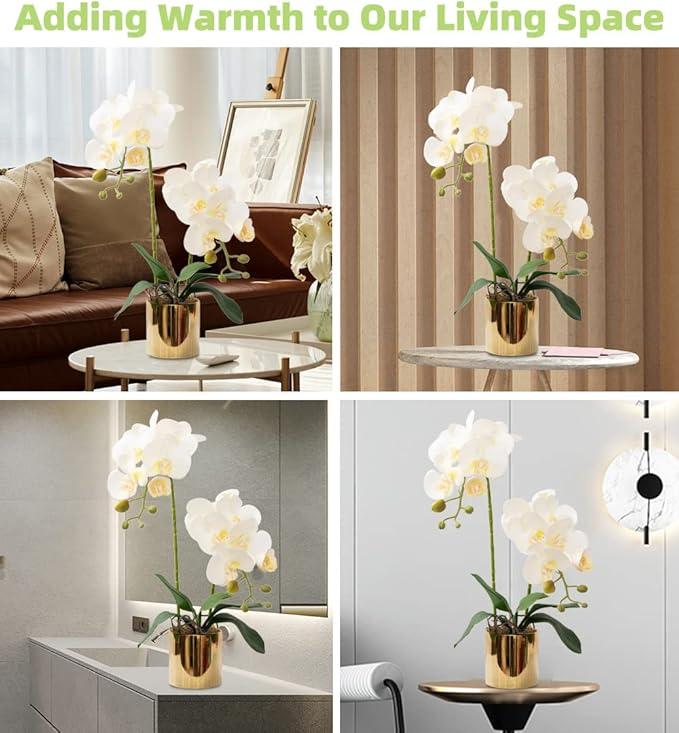 Artificial Orchid Flowers White Faux Orchids with Ceramic Vase Vivid Fake Phalaenopsis Flower Arrangement Gorgeous Artificial Plants for Office Desk Wedding Party Exhibition Center & Home Table Decor