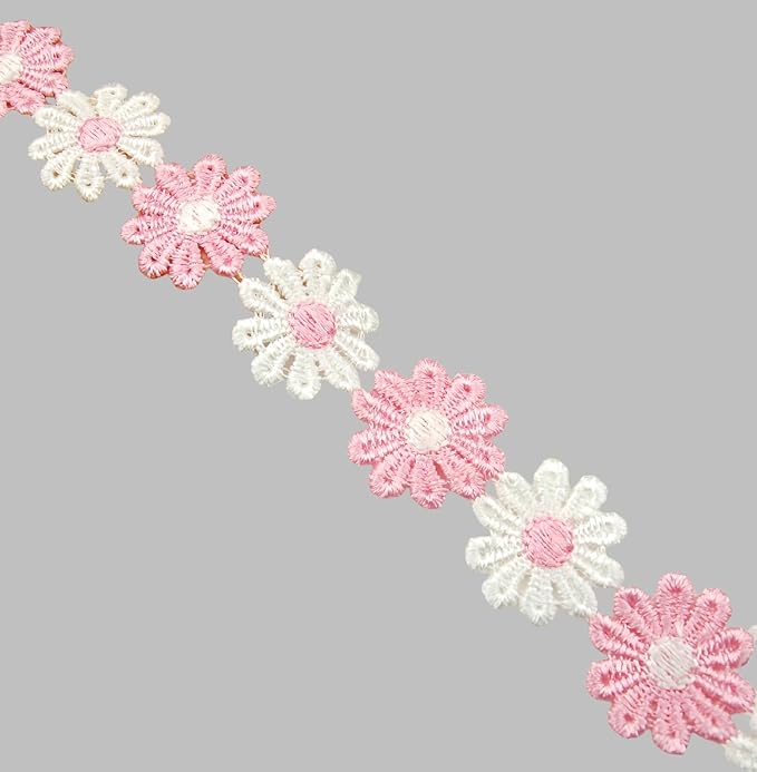 15 Yards Daisy Flower Lace Trim Embroidered Floral Lace Sewing Trim Ribbons for Embellishment Craft Dress Hair Accessories Decorations(White/Pink)