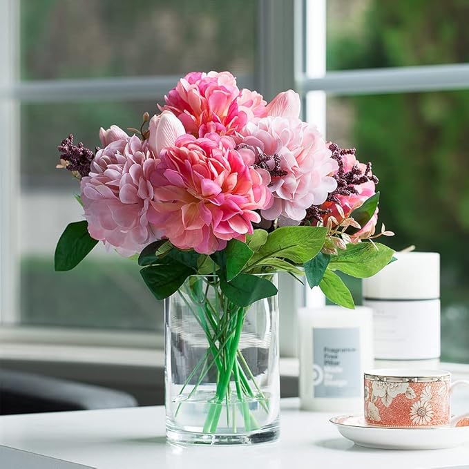 Enova Floral Set of 4 Clear Glass Cylinder Vase, 4W x 6H Inches Round Flowers Vase, Pillar Candle Floating Candle Holders Vase, Small Floral Glass Vase for Home Office Decor, Wedding Centerpiece