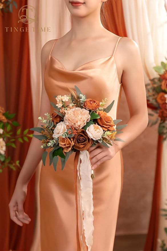 TINGE TIME 7 Inch Wedding Bouquets for Bridesmaid, Set of 4, Artificial Flowers Cascading Bridal Bouquet for Fall Wedding Ceremony Anniversary Bridal Shower and Rustic Vintage Wedding (Terracotta)