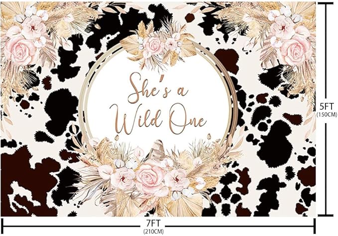 7x5ft She's a Wild One Backdrop for Girl 1st Birthday Party Decorations Holy Cow Highland Cattle Jungle Safari Rainforest Boho Floral Photography Background Bday Banner Photo Shoot Props
