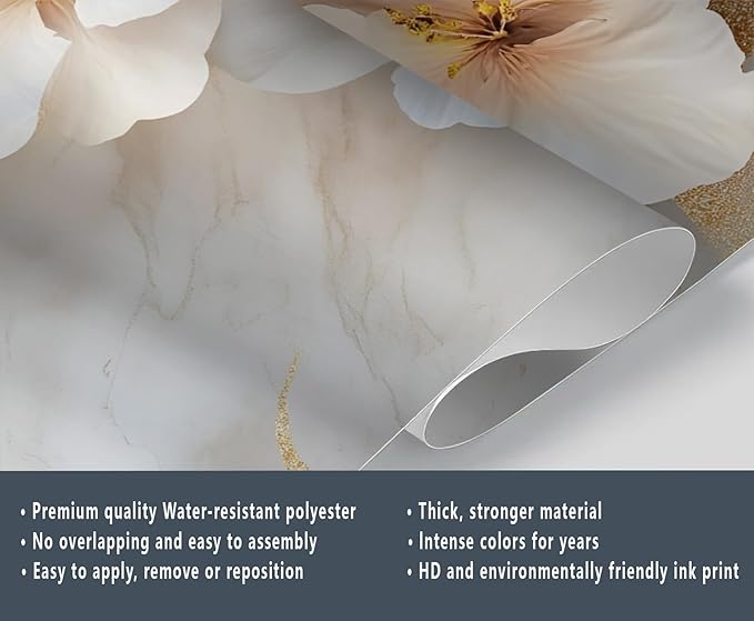 White Flowers Marble Wall Mural, Luxury Floral 3D Wall Murals, Elegant Gold Leaf Design Wallpaper Mural, for Living Room Bedroom Large Wallpaper Indoor Decor 118" W x 82.6 "H