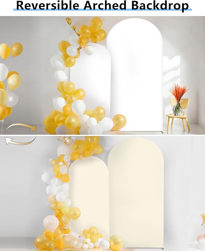 Hemmotop White and Beige Wedding Arch Backdrop Cover, Set of 2 (7.2ft, 6ft), 2 Sided Stretchy Spandex Fitted Balloon Arch Stand Backdrop for Birthday Party, Baby Shower, Double Color
