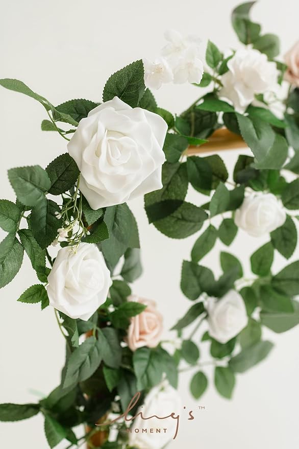 Ling's Moment 5FT White Artificial Flower Garland Fake Rose Green Leaves Floral Garland Arch Flowers Vine for Wedding Party Backdrop Decor Mantel Home Table Centerpieces Window Decorations