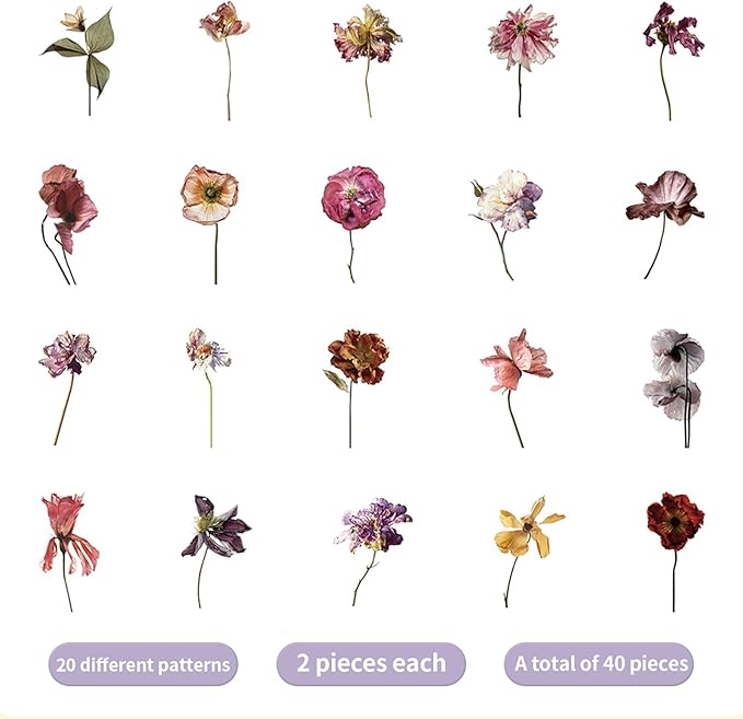 Transparent Flower Stickers for Scrapbooking PET Nature Plant Stickers Floral Stickers Vintage Craft Sticker Colorful Small Flower Sticker for Journaling Scrapbooking Clear Flower Decals(Style C)
