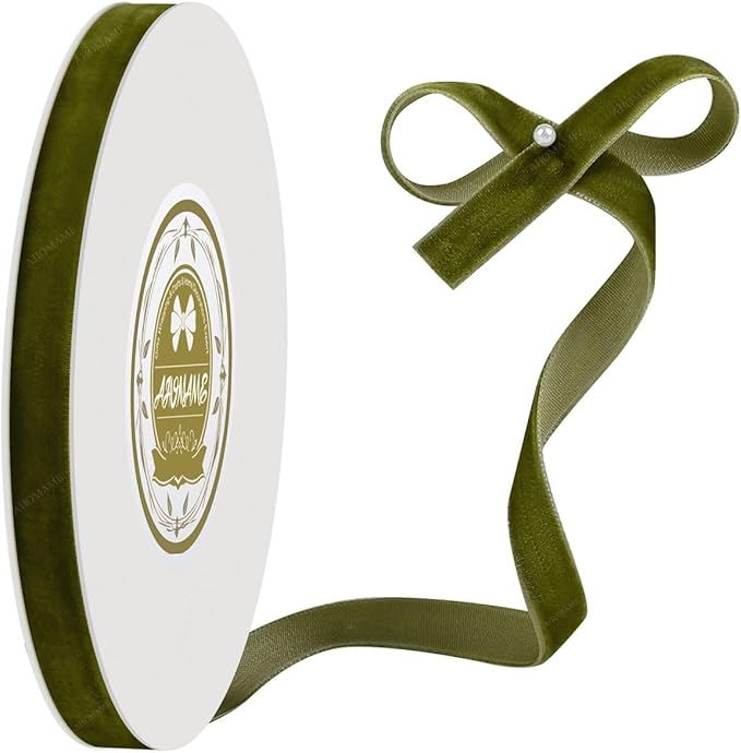 Olive Green Velvet Ribbon - 3/8 Inch x 10 Yards for Gift Wrapping, Crafts, Christmas Decor, Bow Making, Vintage Fabric